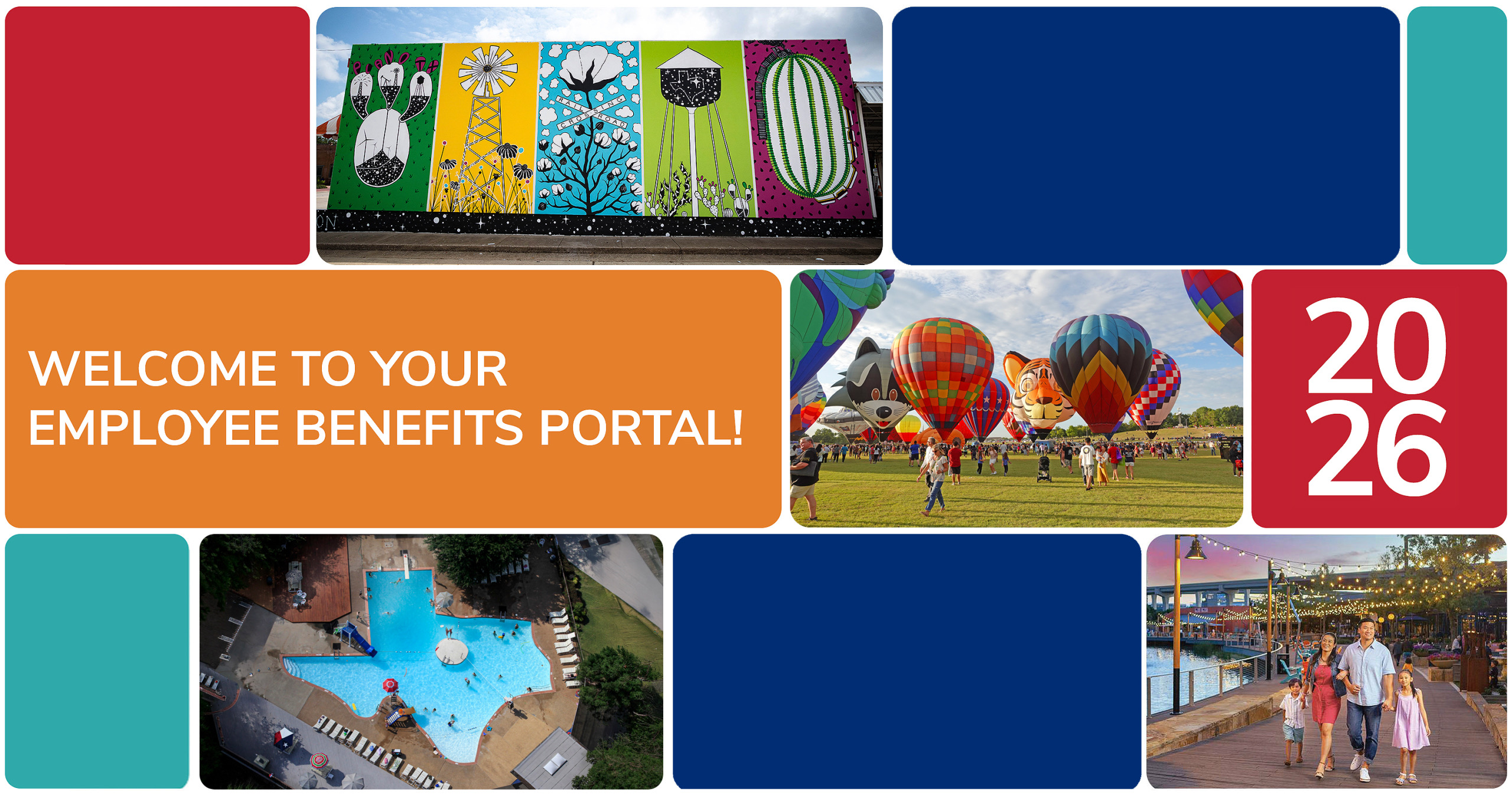 Collage of City of Plano imagery including public art, community events, recreation, and families, with text reading “Welcome to Your Employee Benefits Portal” and “2026.”