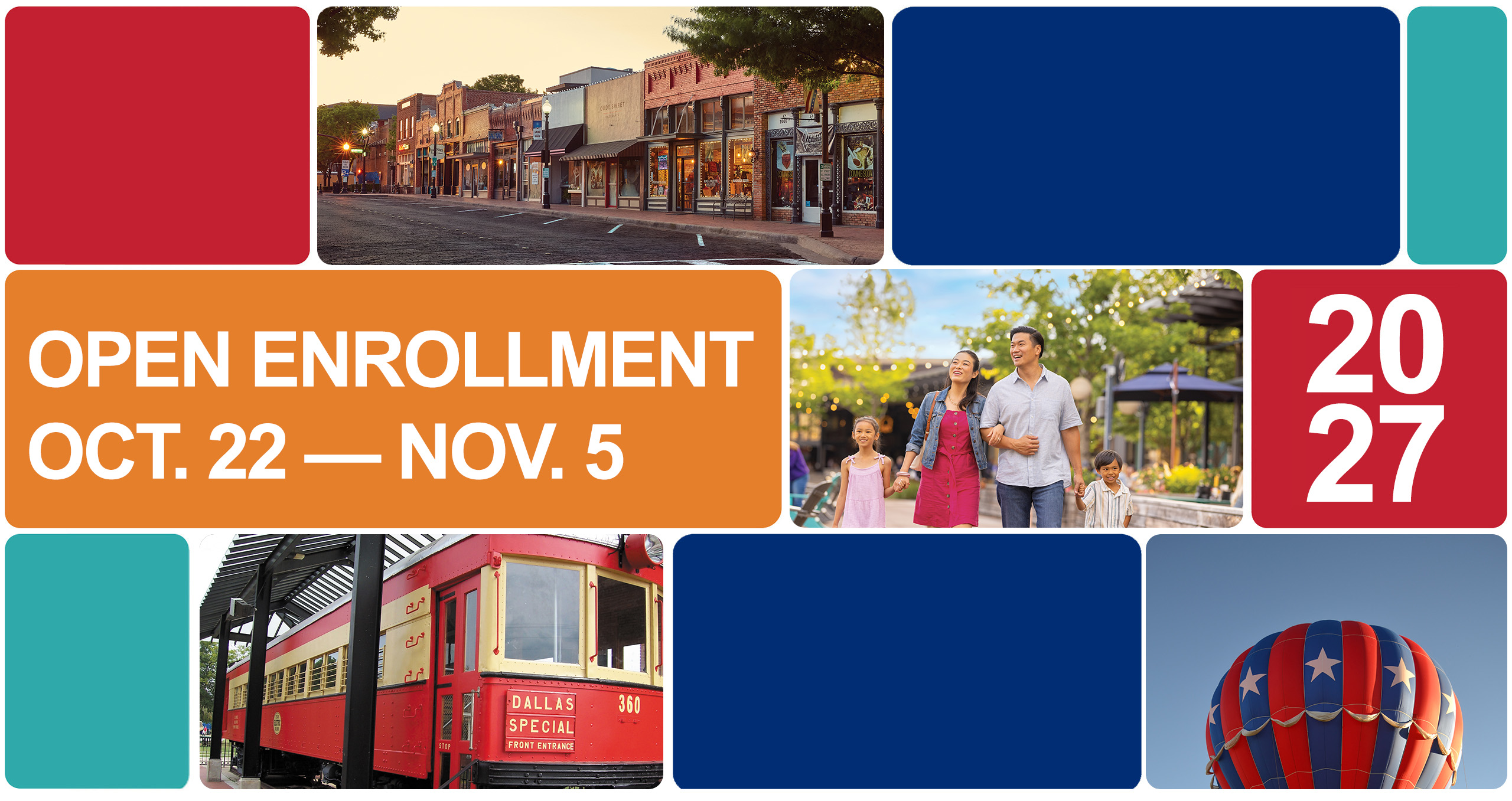 Collage of City of Plano imagery including public art, community events, recreation, and families, with text reading “Welcome to Your Employee Benefits Portal” and “2026.”